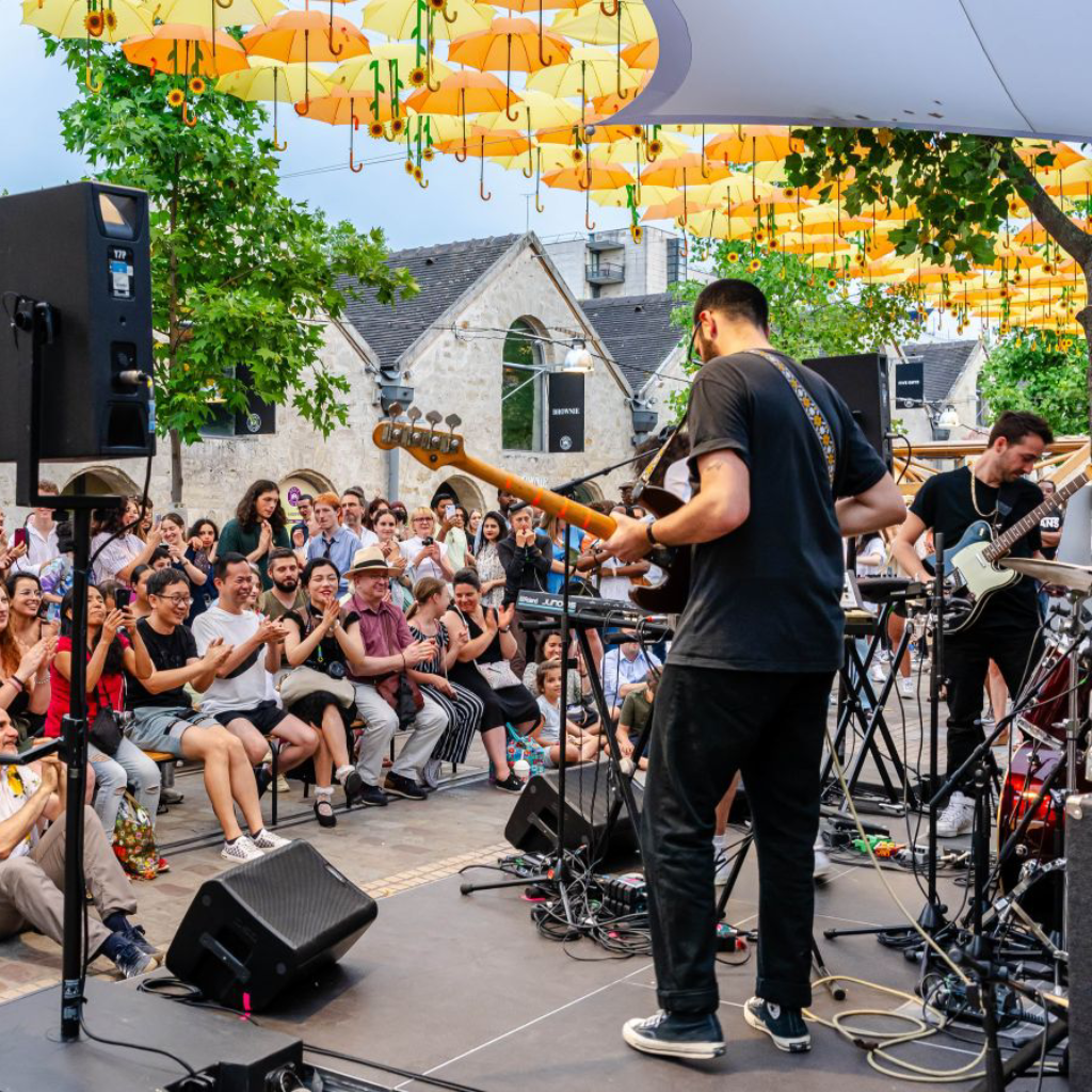 Concert fête de village, image depuis la scène avec vue sur le public et un guitarriste